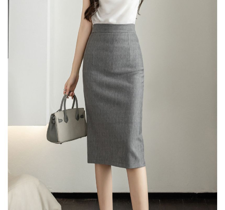 Elevated Waist Solid Pencil Midi Skirt