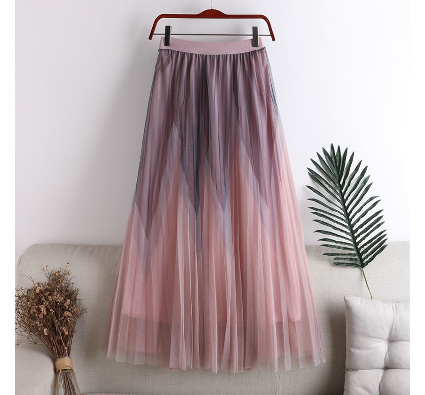 Two-Tone Pleated Sheer Midi Skirt with Elasticized Waistband