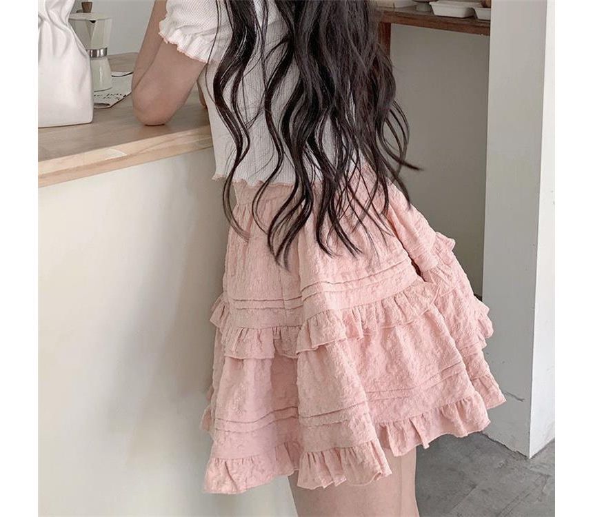 Layered Shirred Mini Skirt with High-Waist Solid Fabric