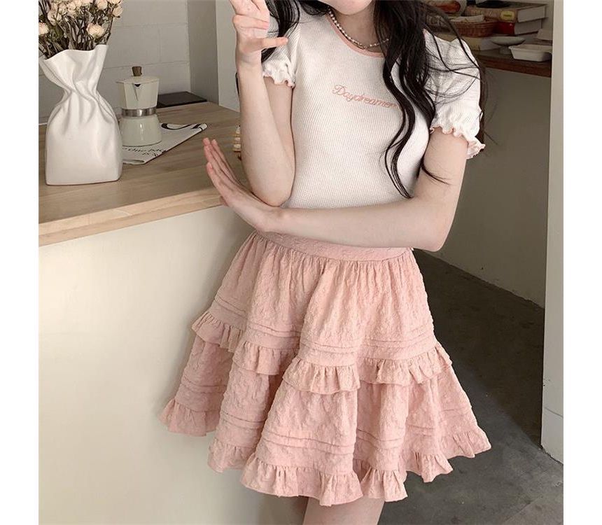 Layered Shirred Mini Skirt with High-Waist Solid Fabric