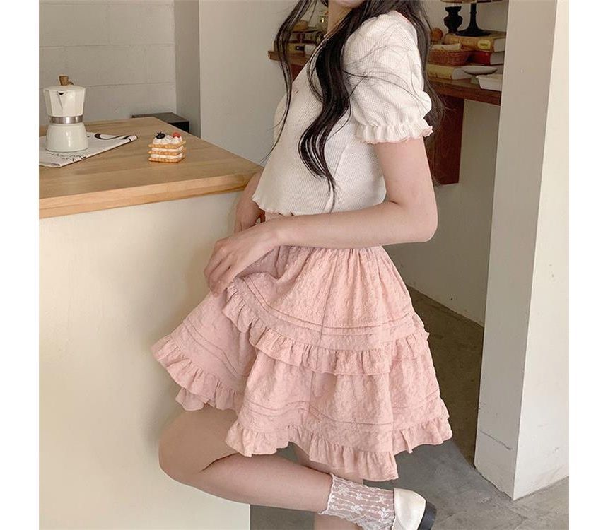 Layered Shirred Mini Skirt with High-Waist Solid Fabric