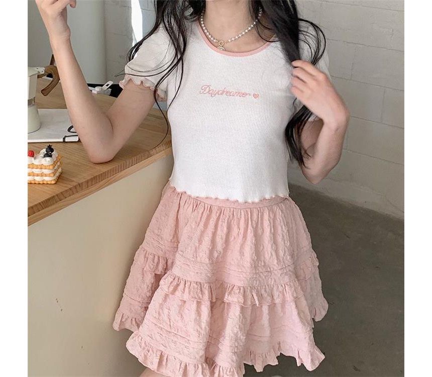 Layered Shirred Mini Skirt with High-Waist Solid Fabric