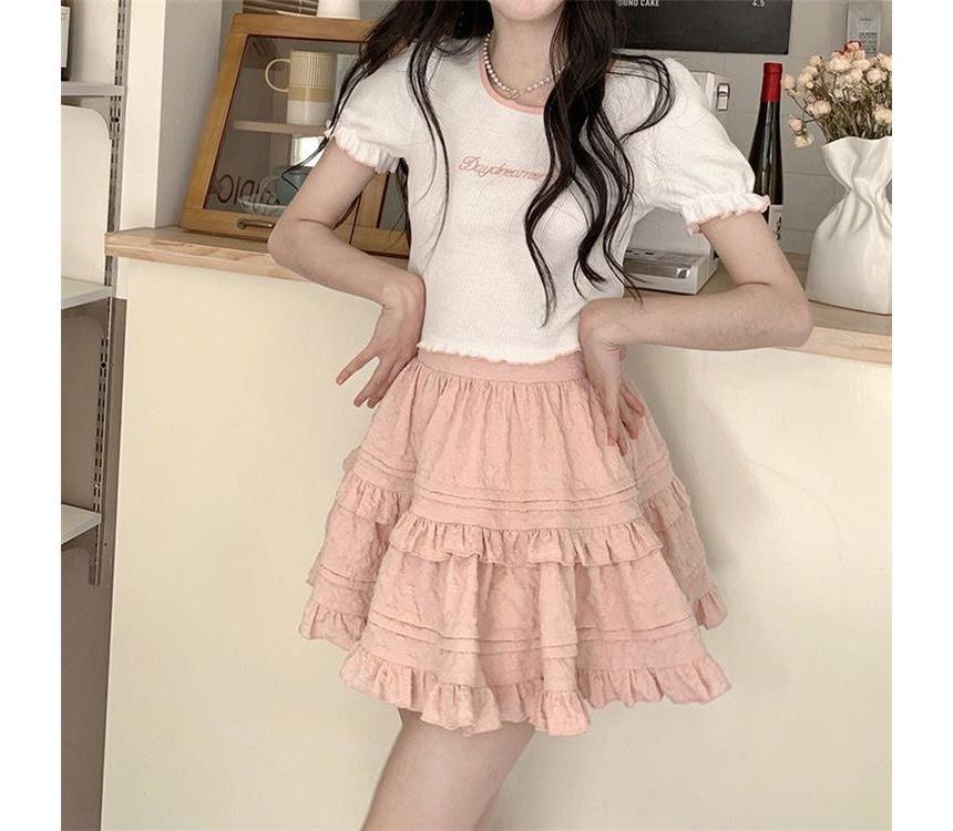 Layered Shirred Mini Skirt with High-Waist Solid Fabric