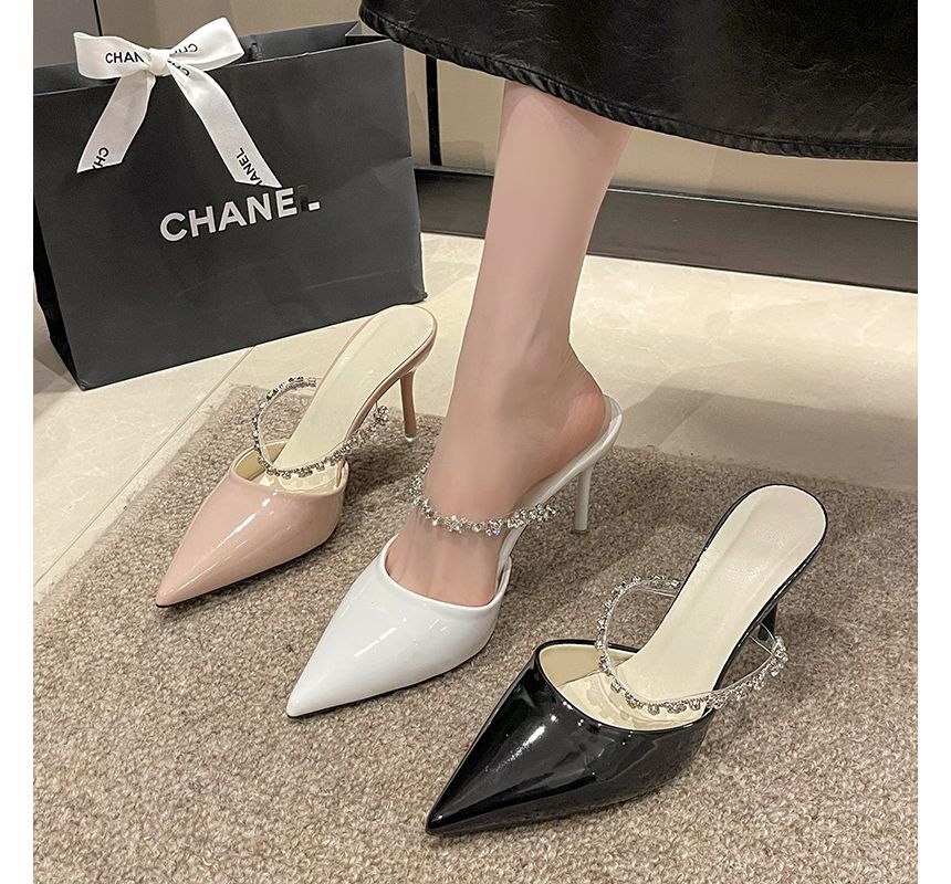 Rhinestone Pointy High Heel Mules