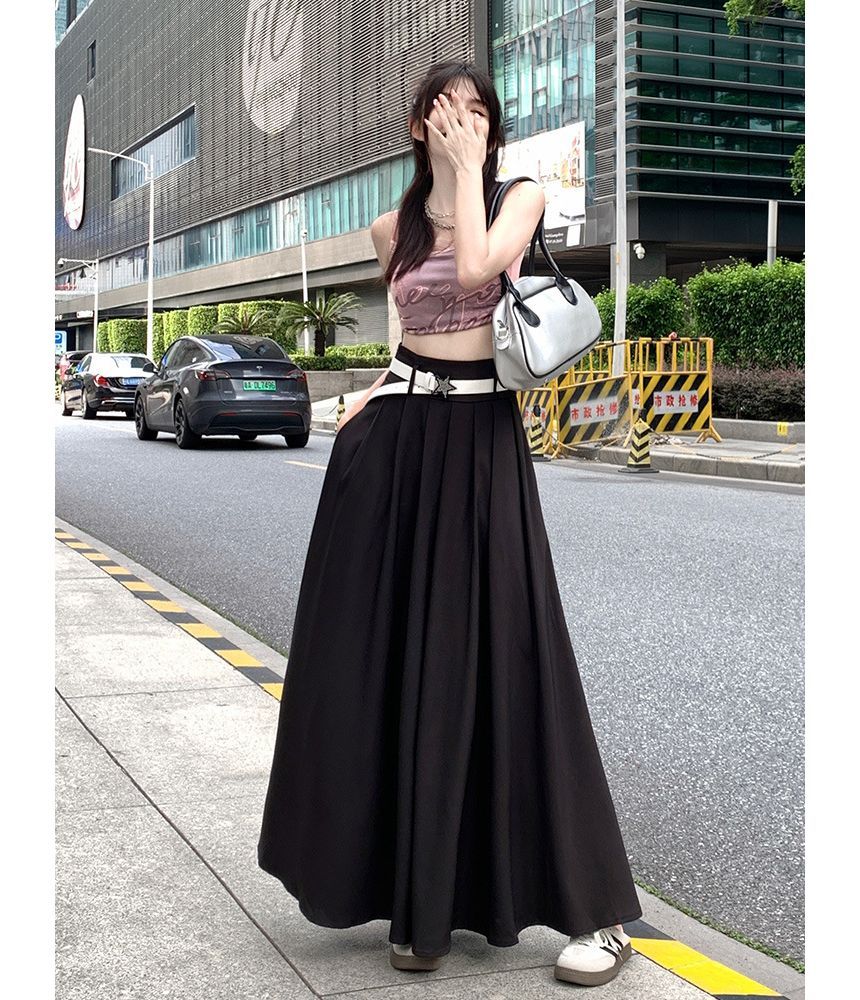 Belted Pleated Maxi Skirt with High-Rise Waist