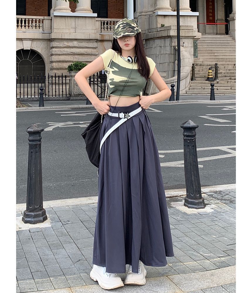 Belted Pleated Maxi Skirt with High-Rise Waist