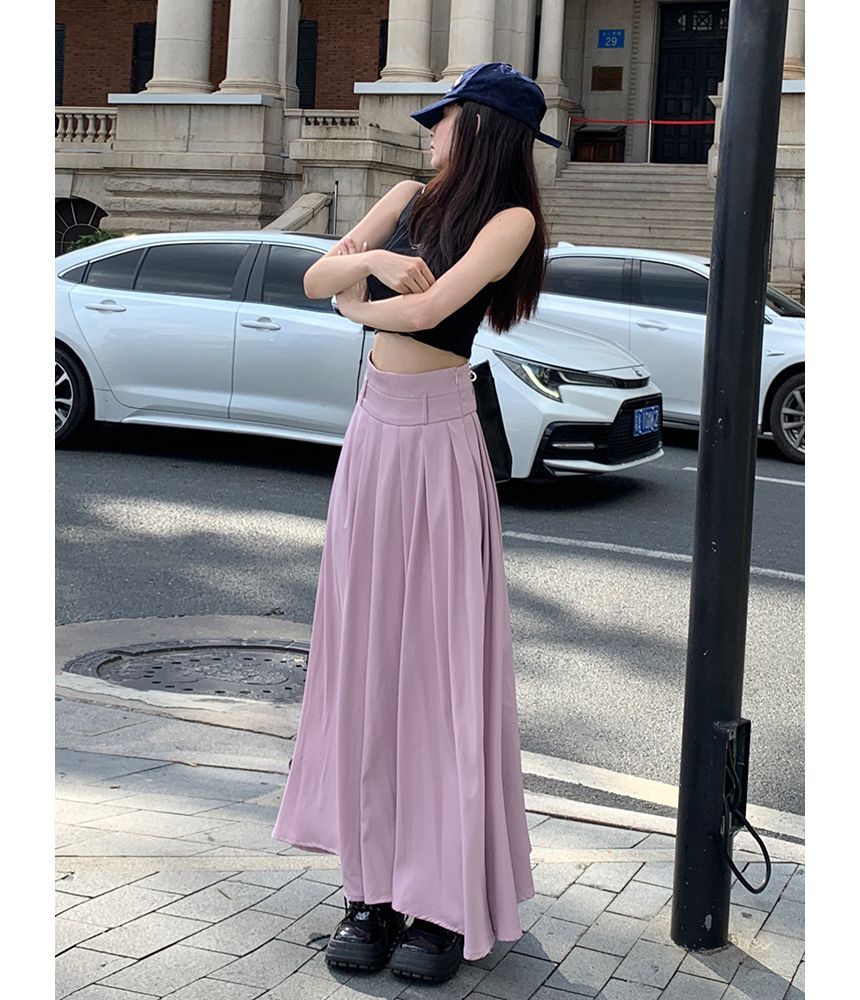 Belted Pleated Maxi Skirt with High-Rise Waist