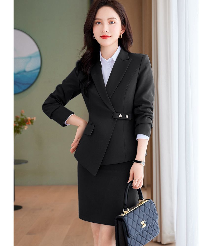 Peak Lapel Blazer, Pencil Skirt, and Straight-Leg Trousers Set