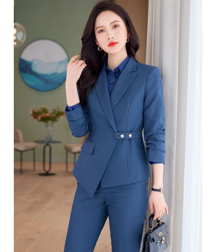 Peak Lapel Blazer, Pencil Skirt, and Straight-Leg Trousers Set