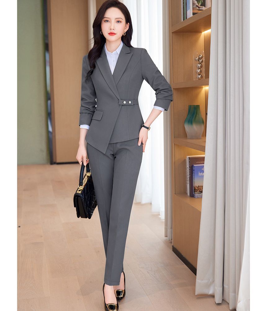 Peak Lapel Blazer, Pencil Skirt, and Straight-Leg Trousers Set