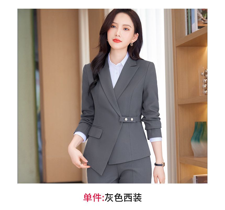 Peak Lapel Blazer, Pencil Skirt, and Straight-Leg Trousers Set