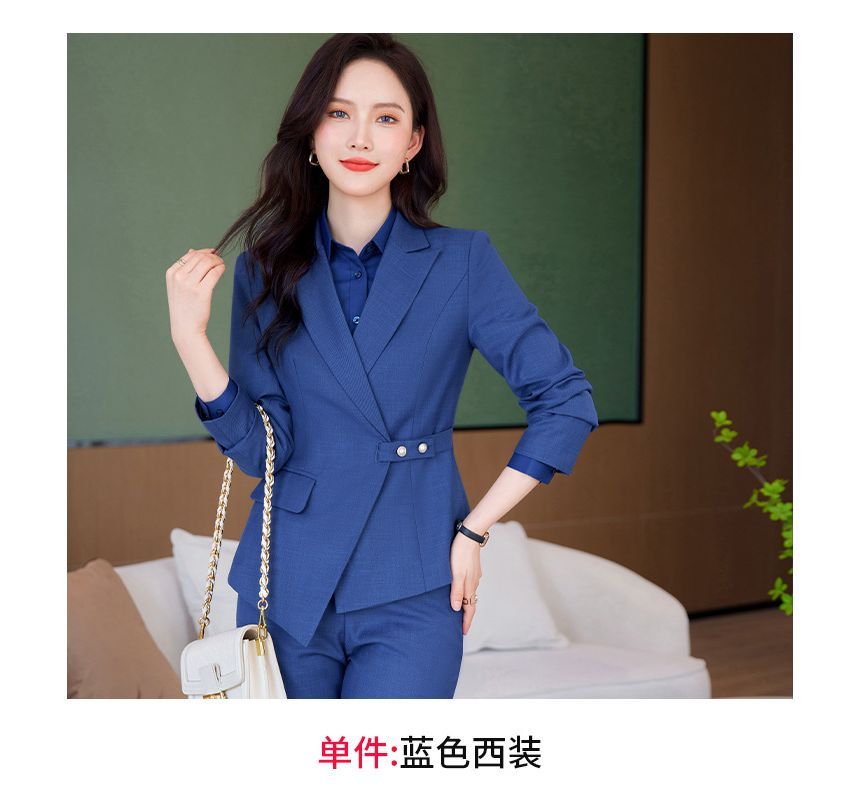 Peak Lapel Blazer, Pencil Skirt, and Straight-Leg Trousers Set