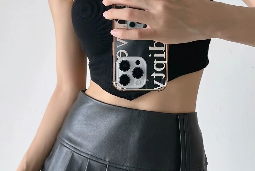 Faux Leather Pleated Mini Skirt with High-Waist Design
