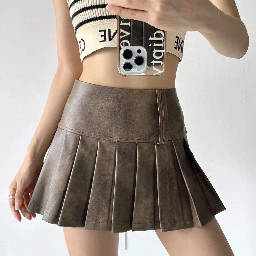 Faux Leather Pleated Mini Skirt with High-Waist Design
