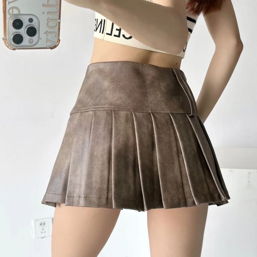Faux Leather Pleated Mini Skirt with High-Waist Design