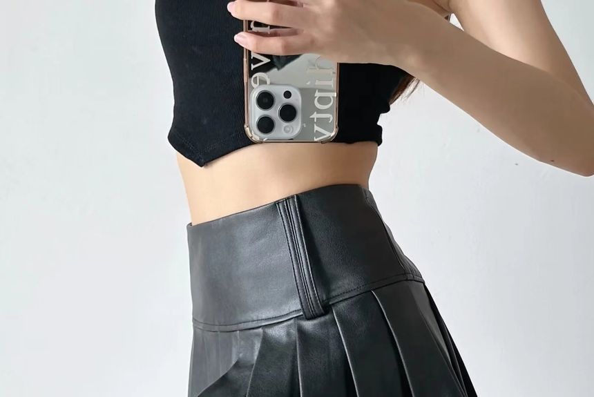 Faux Leather Pleated Mini Skirt with High-Waist Design