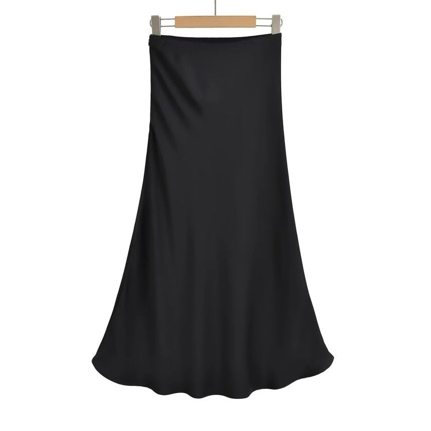 Satin Midi A-Line Skirt with High-Waist Solid Finish