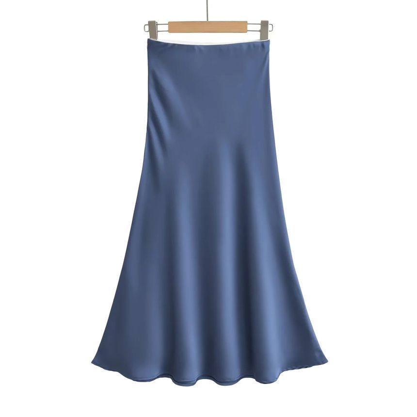 Satin Midi A-Line Skirt with High-Waist Solid Finish