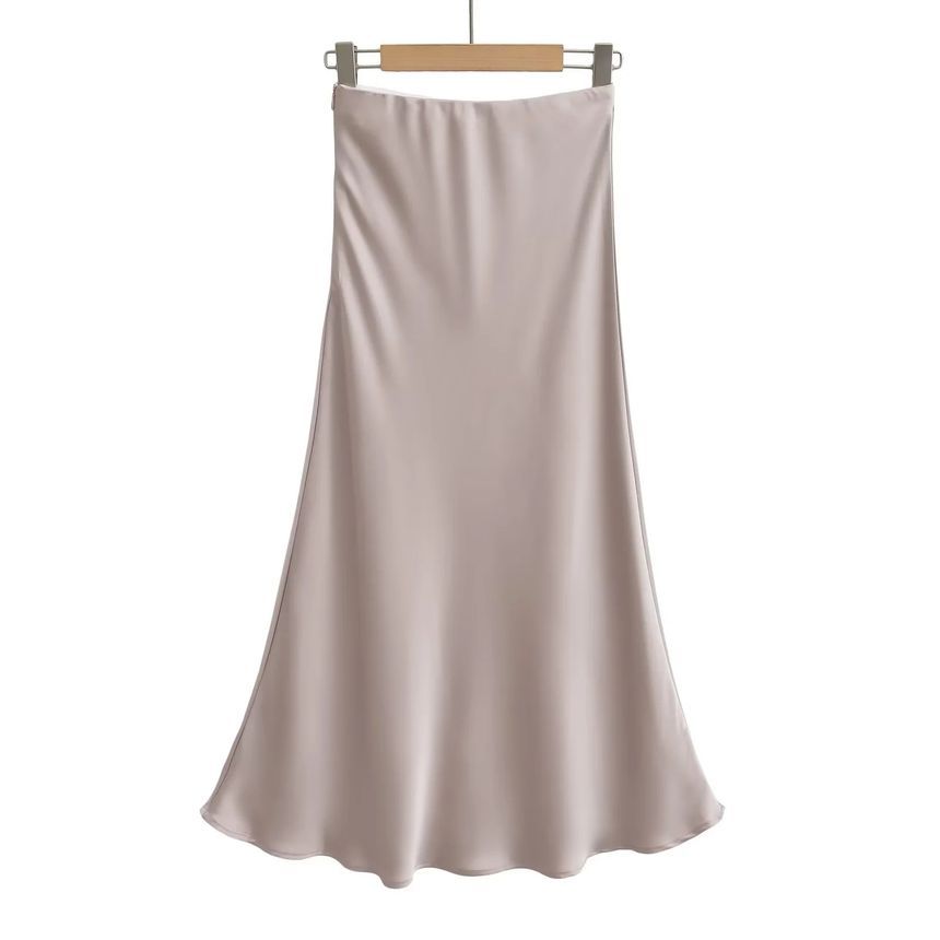 Satin Midi A-Line Skirt with High-Waist Solid Finish
