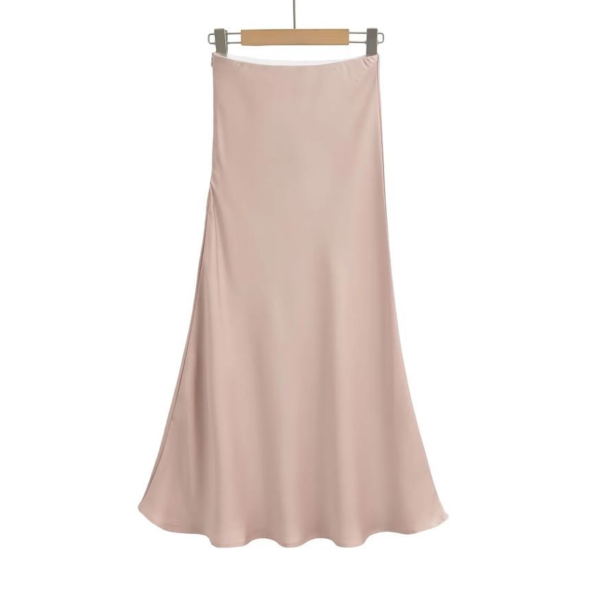 Satin Midi A-Line Skirt with High-Waist Solid Finish