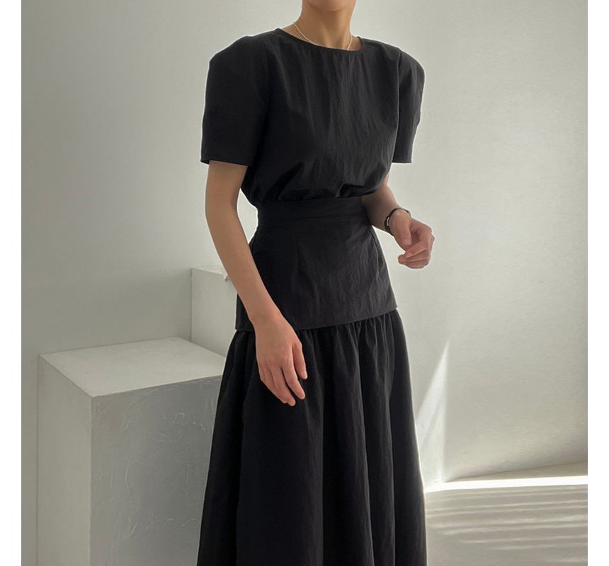 Round Neck Blouse with High-Rise Midi Skirt Matching Set