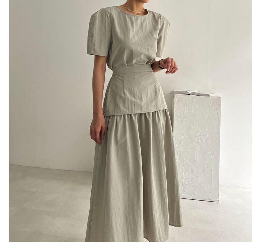 Round Neck Blouse with High-Rise Midi Skirt Matching Set
