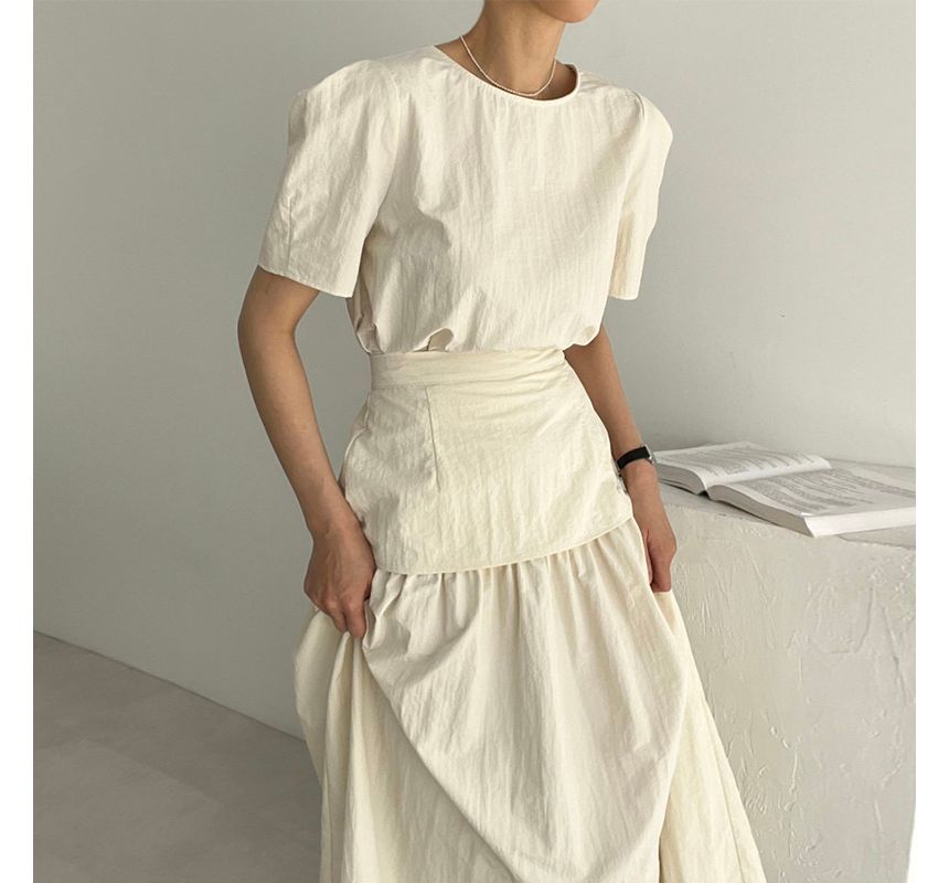 Round Neck Blouse with High-Rise Midi Skirt Matching Set