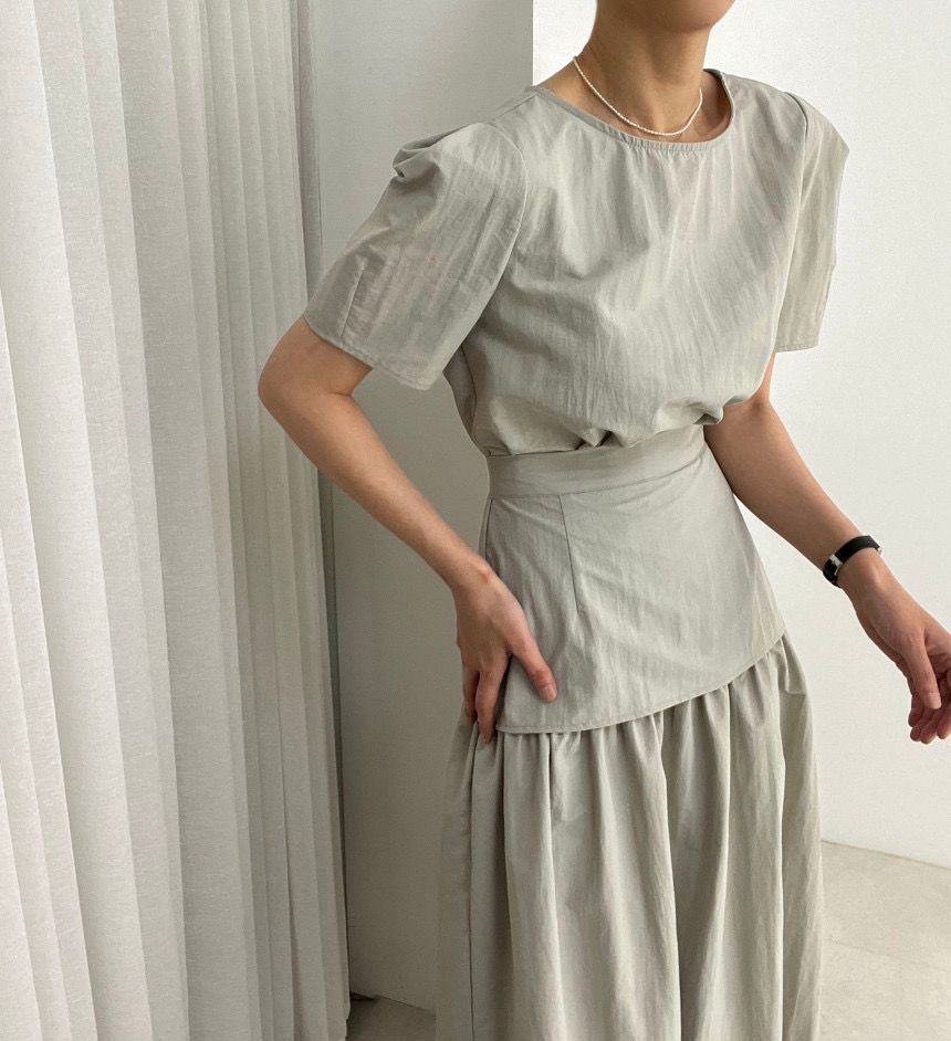Round Neck Blouse with High-Rise Midi Skirt Matching Set