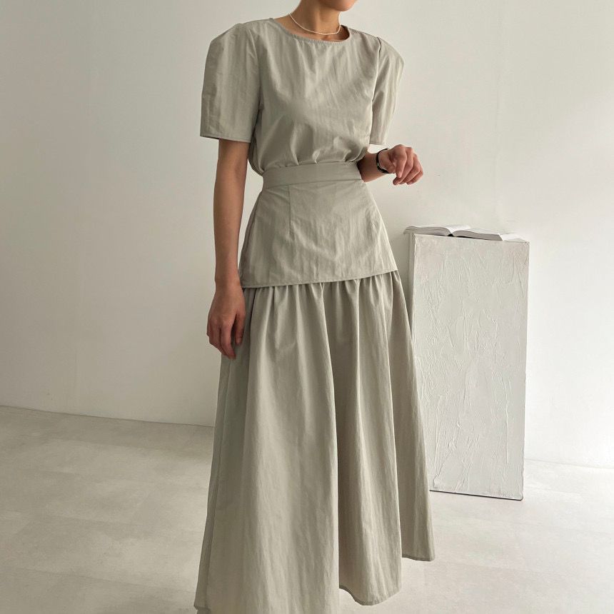 Round Neck Blouse with High-Rise Midi Skirt Matching Set