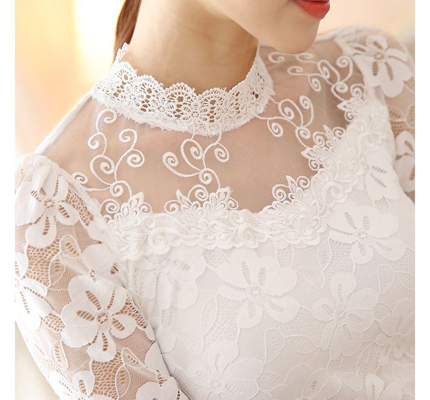 Mock Neck Lace Slim Fit Long Sleeve Top