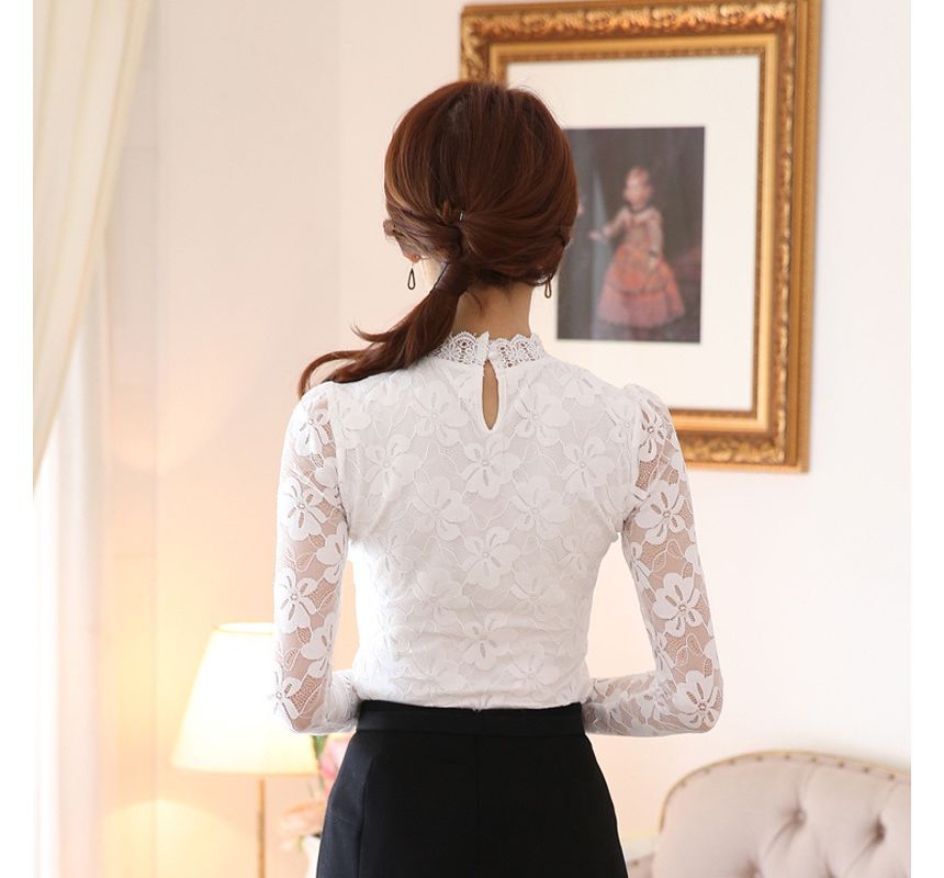 Mock Neck Lace Slim Fit Long Sleeve Top