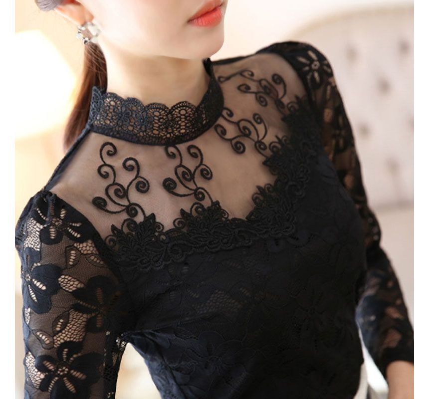 Mock Neck Lace Slim Fit Long Sleeve Top
