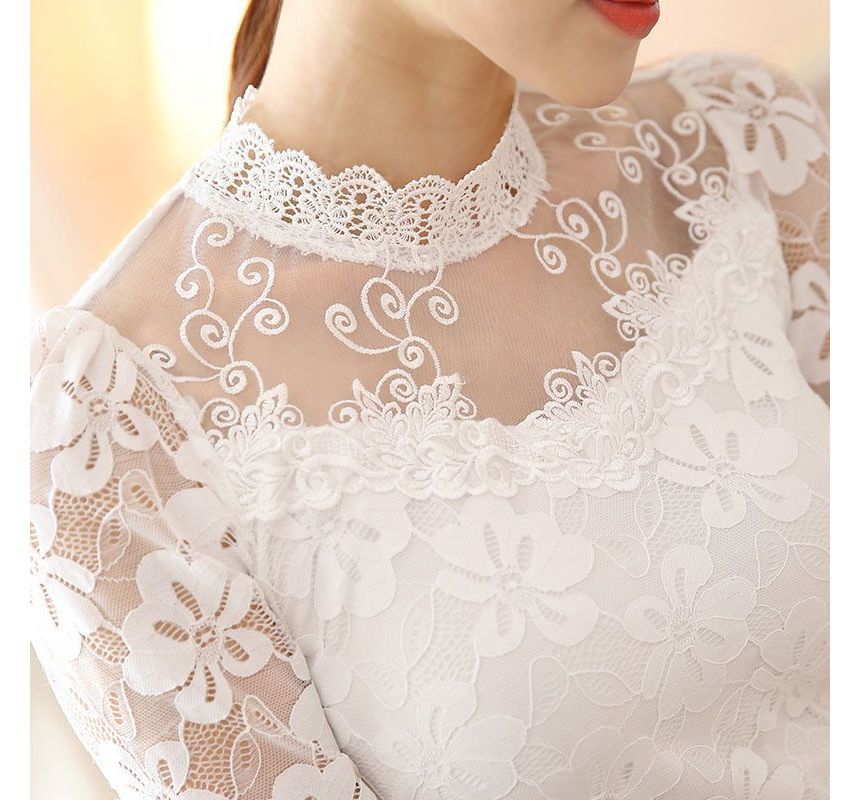 Mock Neck Lace Slim Fit Long Sleeve Top