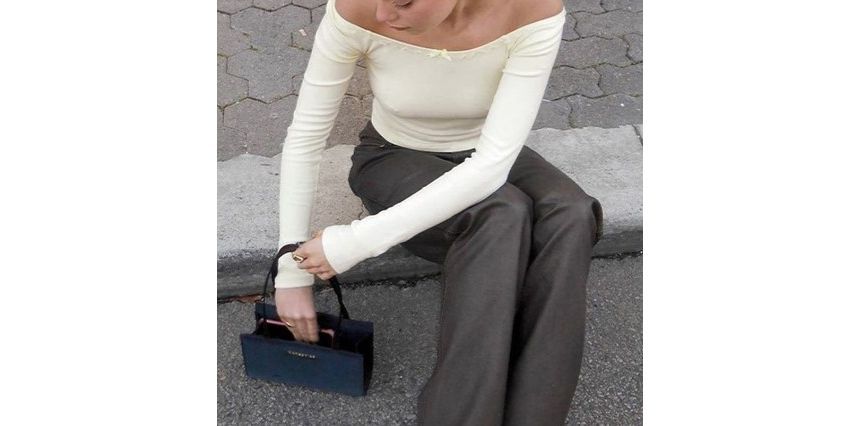 Off-Shoulder Lace-Trim Slim Fit Long Sleeve Top