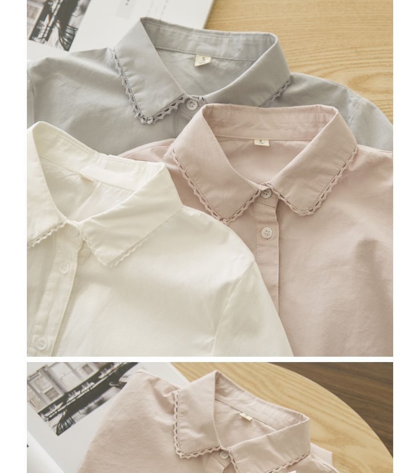 Lace-Trimmed Collared Shirt with Plain Fabric