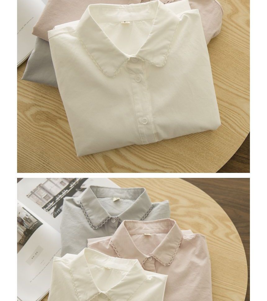 Lace-Trimmed Collared Shirt with Plain Fabric