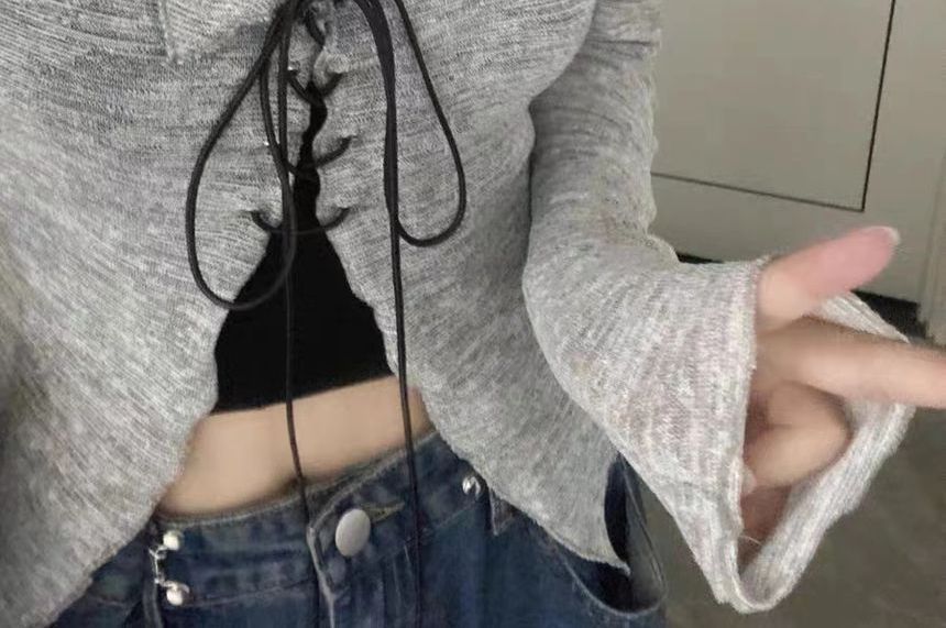 Lace-Up V-Neck Knit Top and Camisole Set