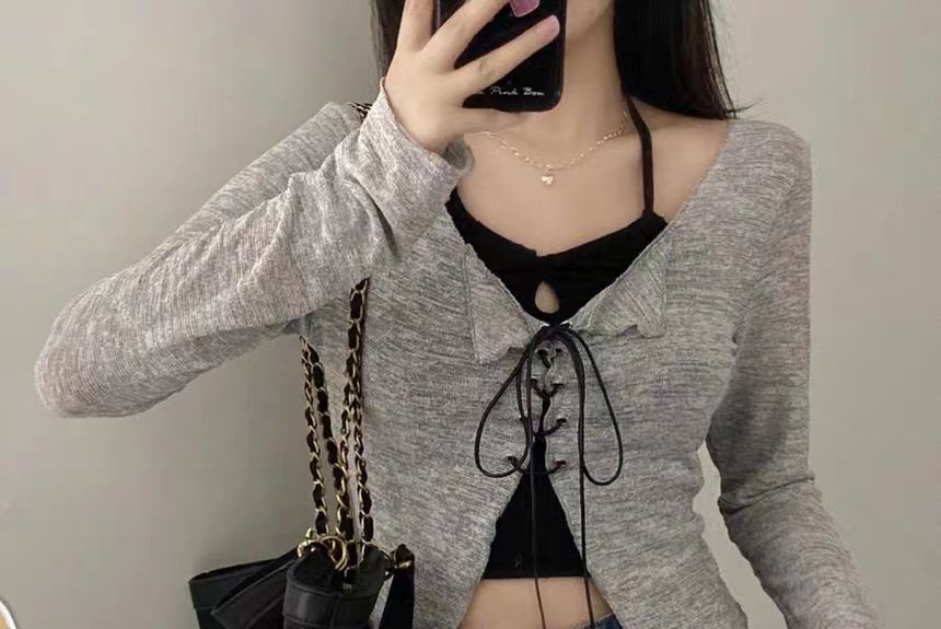 Lace-Up V-Neck Knit Top and Camisole Set