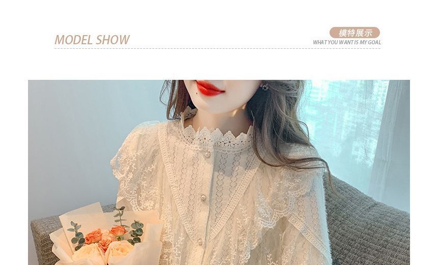 Lace-Trimmed Button-Front Long-Sleeve Blouse