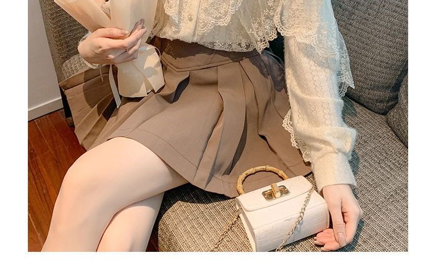 Lace-Trimmed Button-Front Long-Sleeve Blouse