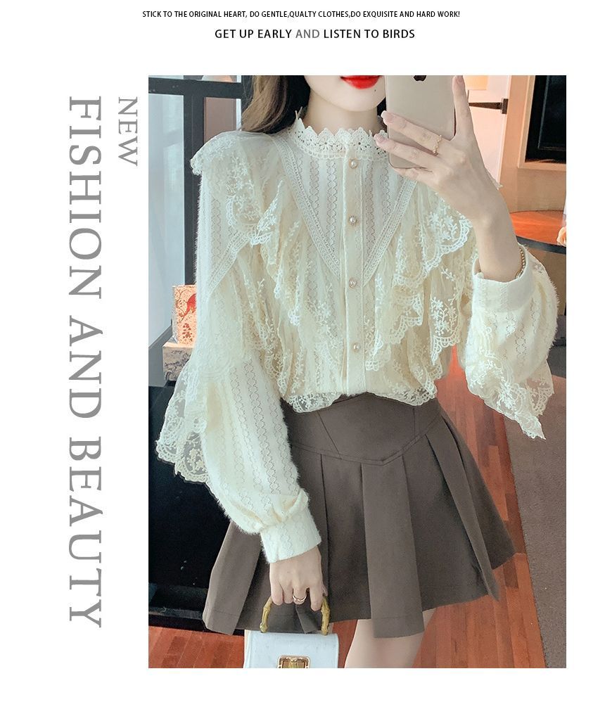 Lace-Trimmed Button-Front Long-Sleeve Blouse