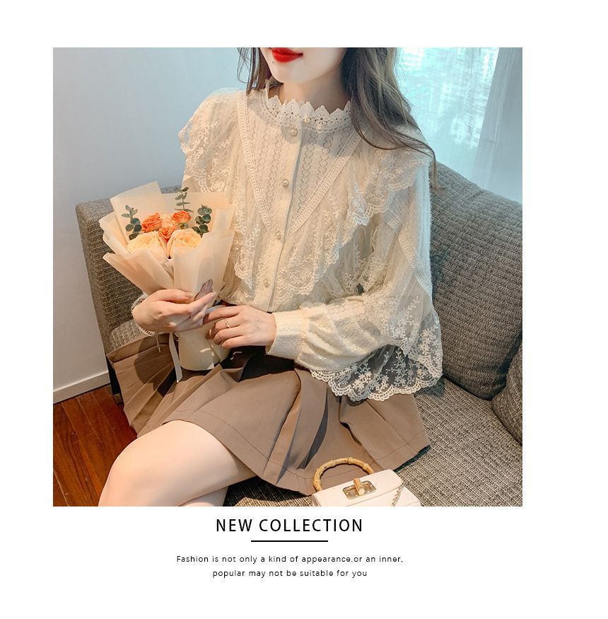 Lace-Trimmed Button-Front Long-Sleeve Blouse