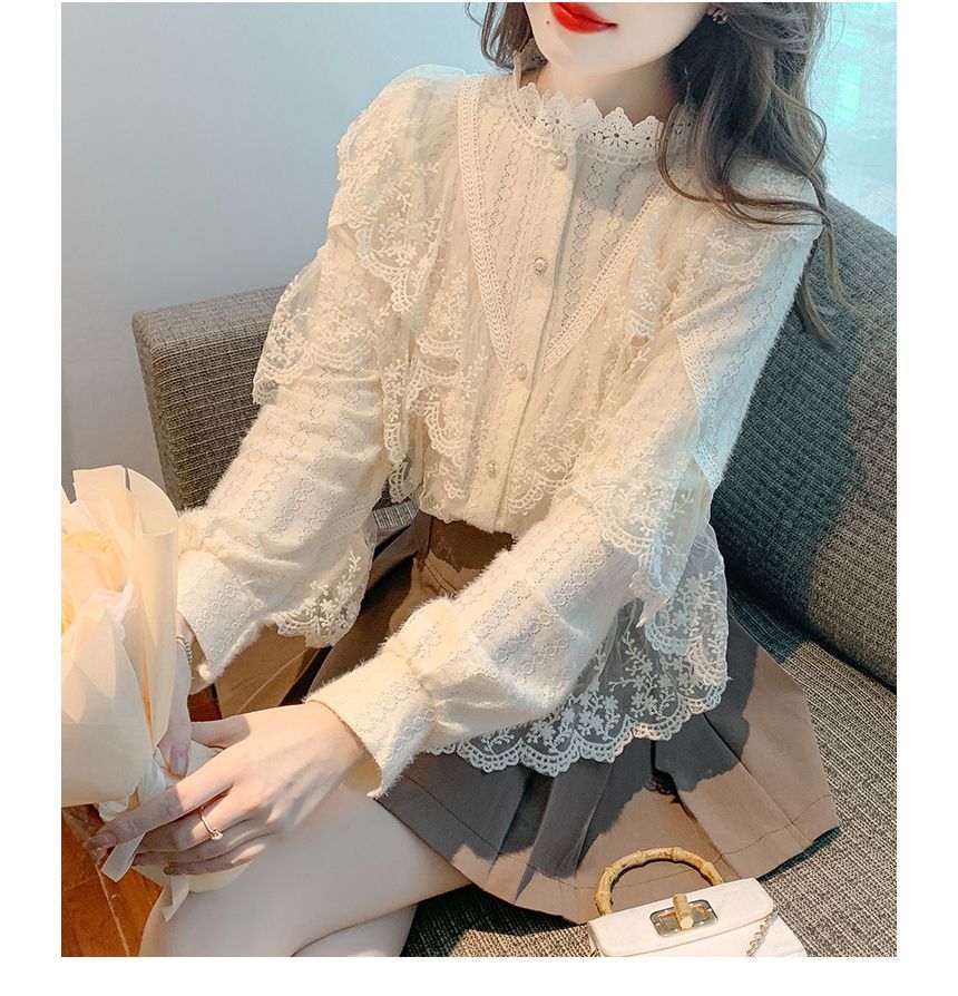 Lace-Trimmed Button-Front Long-Sleeve Blouse