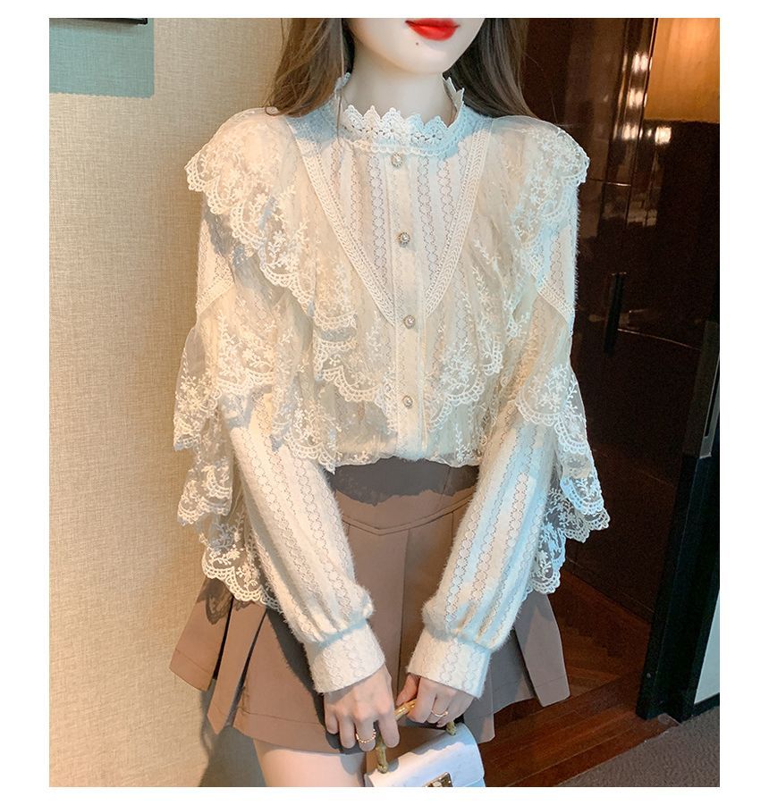 Lace-Trimmed Button-Front Long-Sleeve Blouse