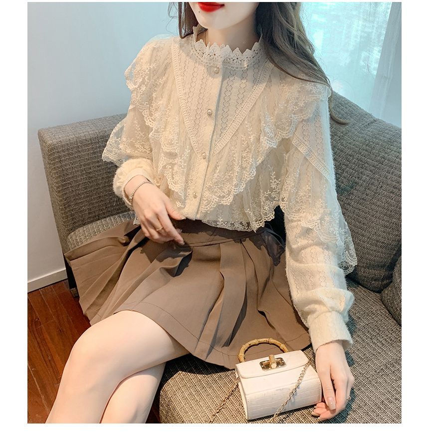 Lace-Trimmed Button-Front Long-Sleeve Blouse