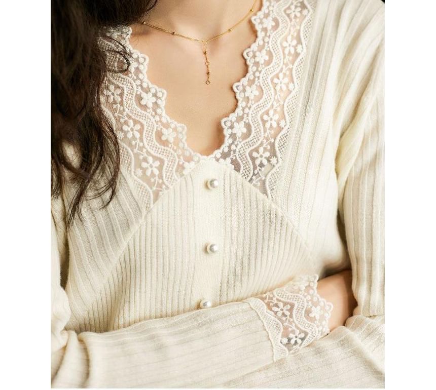 Beaded Long-Sleeve Knit Top with Lace Accents