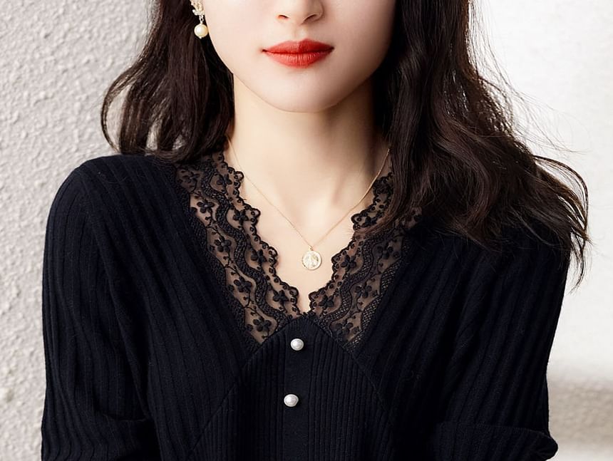 Beaded Long-Sleeve Knit Top with Lace Accents