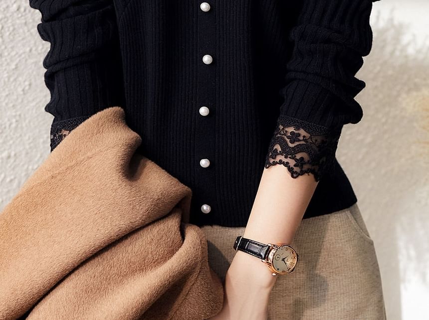 Beaded Long-Sleeve Knit Top with Lace Accents