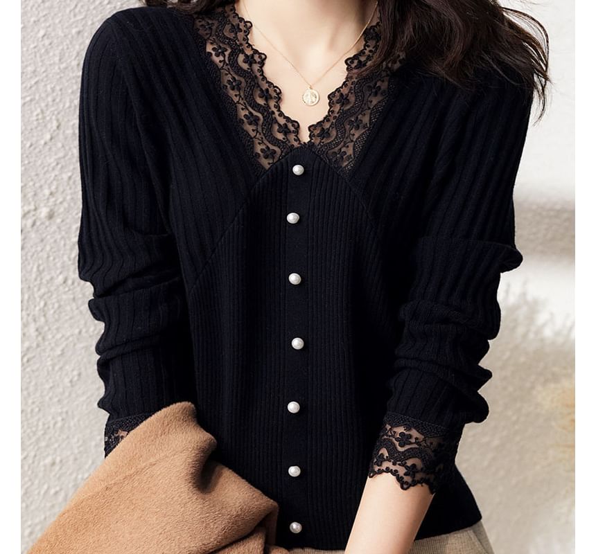 Beaded Long-Sleeve Knit Top with Lace Accents