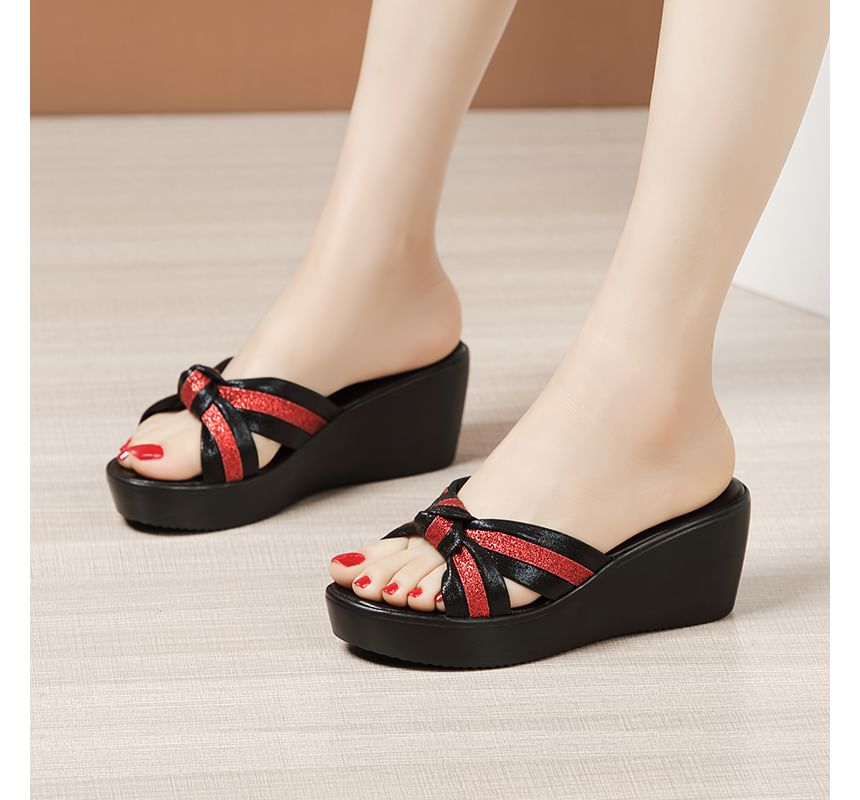 Striped Wedge Platform Slide Sandals